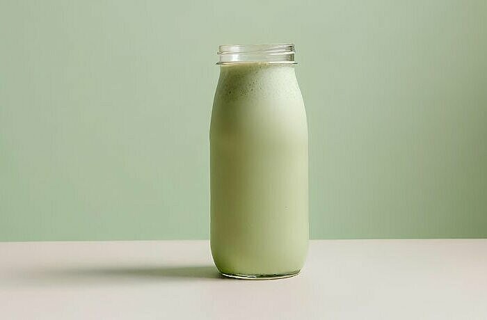 Grüner Protein Smoothie mit Früchten und GemüseGreen Berry Smoothie in der Glasflasche 